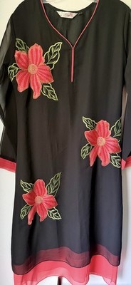 Ray Boutique Women Dress Indian Tunic Lined Embroidered Appliqué Flowers Size XL