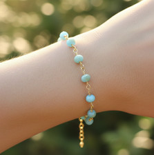 Elegant Boho Aquamarine Blue Beaded Bracelet  18K Gold Plated Brass Handmade