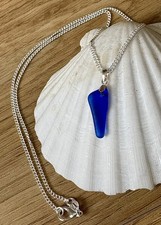 Ocean Blue Sea Glass Pendant Necklace / 925 Sterling Silver Jewellery Gift