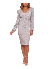 XSCAPE Womens Beige Inset Waistband V-back Blouson Sleeve Body Con Dress 4