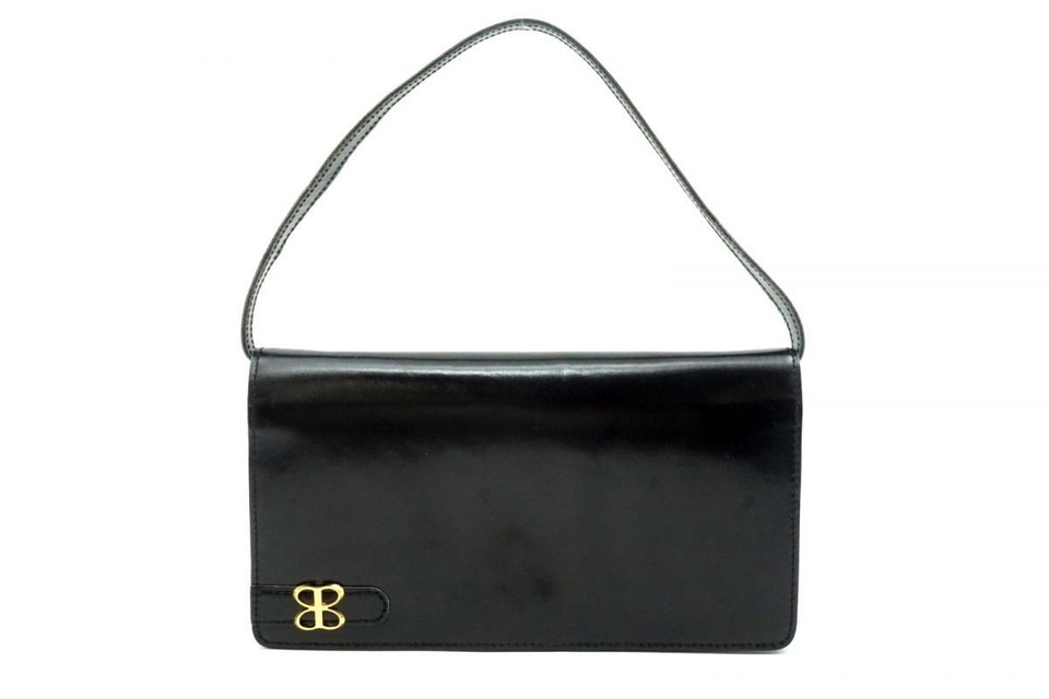 BALENCIAGA Vintage Shoulder Handbag Clutch BB Logo Leather Black 7509h