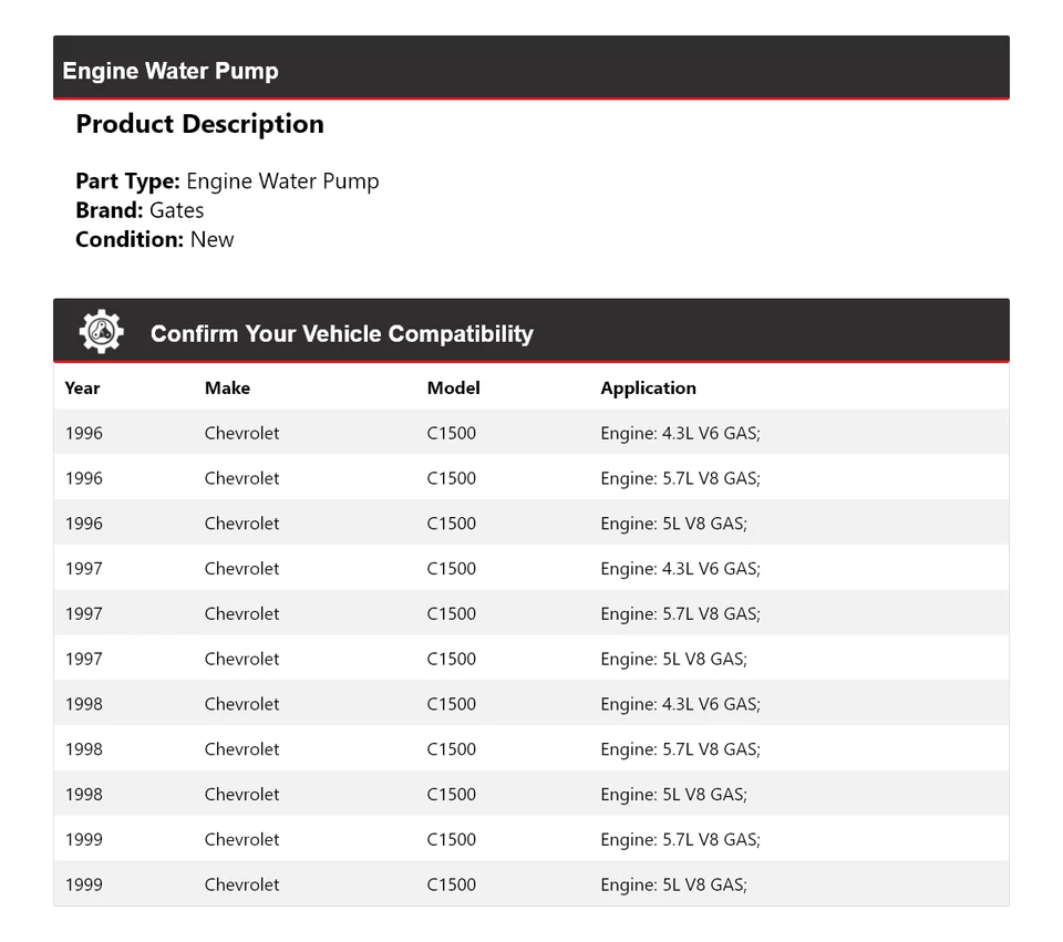 Ворота водяного насоса двигателя для Chevrolet C1500 1996-1999 годов выпуска 1997 1998 - Изображение 2 из 4