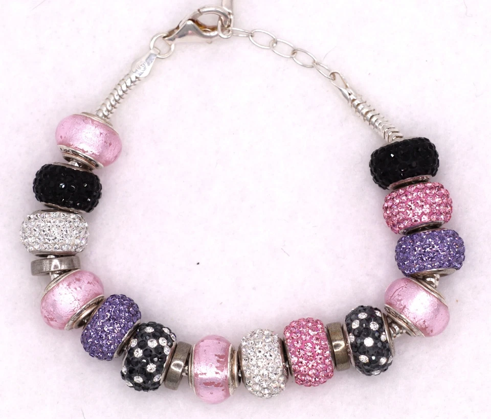 Carlo Biagi 14 Asst Sterling Silver Charm Bead Pink Purple Black Bracelet 8" - Image 2 of 4