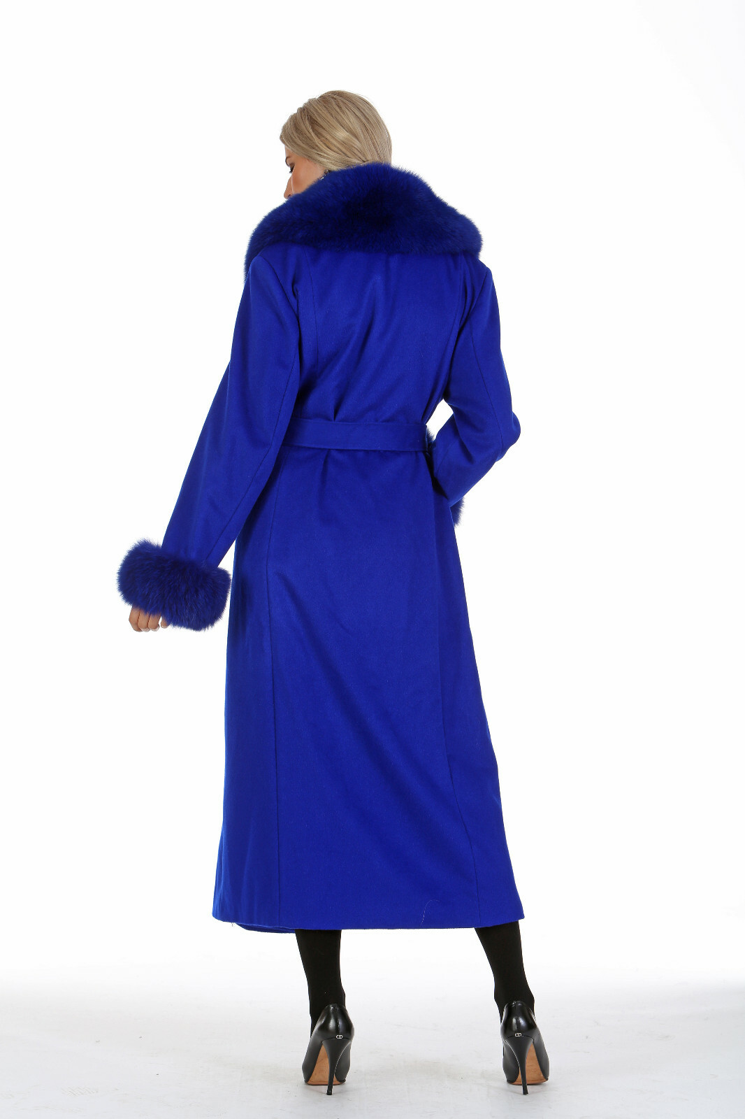 Womens Real Fox Fur Trimmed Long Cashmere Coat Royal Blue image 3