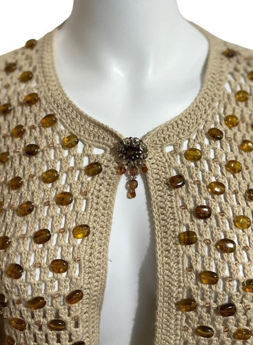 Curio Cropped Cardigan Sweater S Womens Tan Open Knit Brown Beads Brooch - Picture 3 of 13