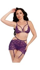 PURE ROMANCE - Strappy Lingerie Trio - SIZE MEDIUM - Plum Color