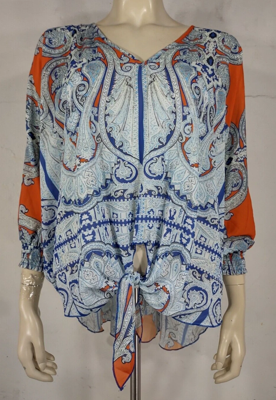 NWT Alberto Makali blue orange Cobalt sheer slit dolman sleeve blouse Large
