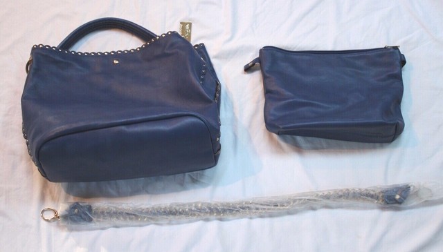 Chasse Wells Purse With Makeup Bag & Removable Strap Blue Studded EUC