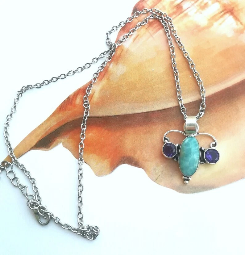 COLLANA CON CIONDOLO DI LARIMAR E AMETISTA, CATENA ARGENTO 925, PIETRE NATURALI - Immagine 2 di 4