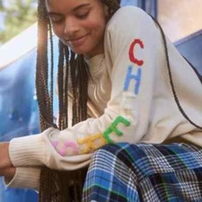 Aerie Down To Earth "CHEERS" Oversized Fleece Crew Sweatshirt Soft Oat SML EUC