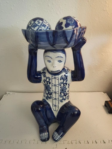 Vintage Chinoiserie Blue and White Monkey 14.5 Inches Tall Statue