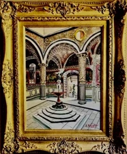 Listed Italian  E BIANCHINI " FIRENZE CORTILE di PALAZZO VECCHIO" O/C-Circa 1895