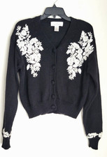Jones New York Cardigan Sweater vtg 80s black floral cottage core sz M short