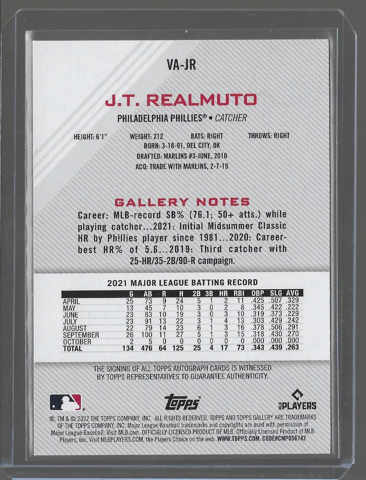 2022 Topps Gallery - JT Realmuto Autograph Phillies #VA-JR - Image 2 of 2