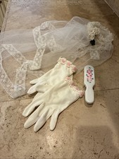Vintage girls communion/ Bride Veil With gloves and brush