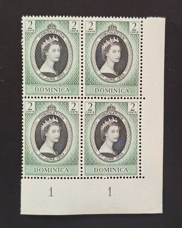 DOMINICA 1953 QEII Coronation SG 139. Sc 141 PLATE BLOCK #1 MINT NH