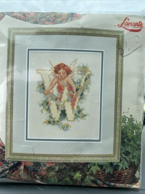 LANARTE Cross Stitch Kit  Letter  W  w/Angel  5x6 Cloth DMC Floss Pattern NIP