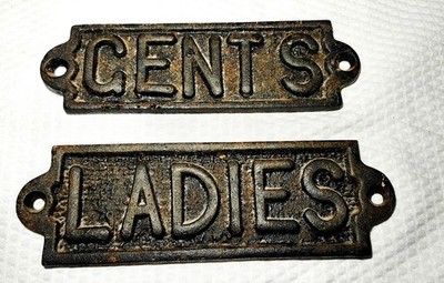 Vintage Cast Iron Restroom Signs Lot of 2 Gents & Ladies Door Wall Plaque Decor