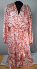 Tahari Arthur S. Levine Women Faux Wrap Dress Orange & White V-Neck Size Large