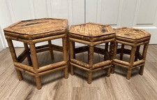 Vintage Bamboo Hexagonal Tables Nest Boho Tiki  Pedestal Plant Stand French