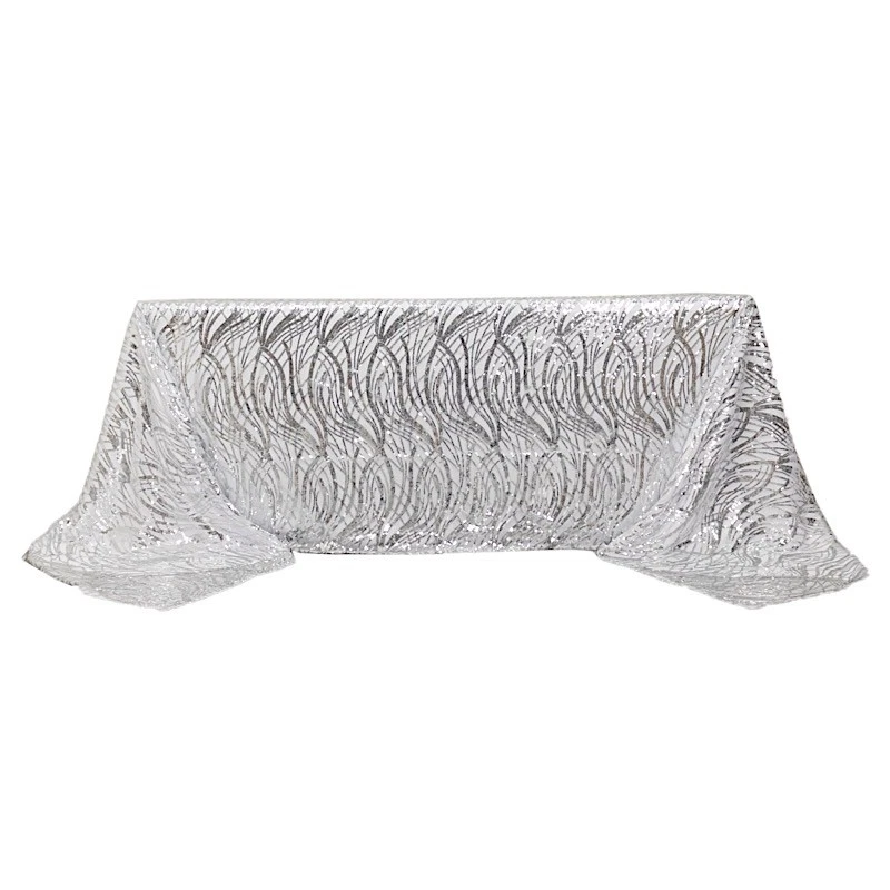 90x156 in SILVER Wavy Sequined Mesh Rectangle TABLECLOTH Party Events - Image 2 of 4