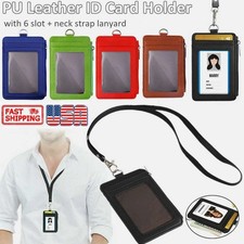 ID Badge Card Holder Pu Leather Vertical Clip Neck Strap Lanyard Necklace Case