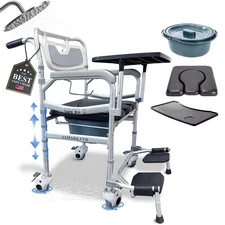 3 in 1 Commode Shower Chair with Wheels + Wheelchair Tray + Footrest – Rol