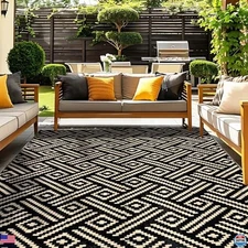 OPPODREAM 5x8 Ft Waterproof Outdoor Rug - Reversible Black/Beige Plastic Straw