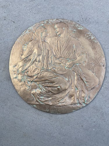 Vintage German Bronze Scene Relief Plaque  Large Medallion 11 1/4" Round