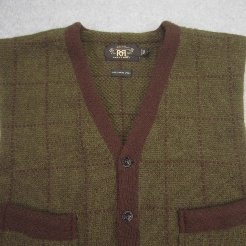 RRL Ralph Lauren Vest Mens Large Green Lambswool Knit Windowpane Pockets Sweater - Image 2 of 4