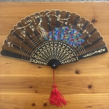 Vintage Asian Hand Fan With Stitched Peacock Design