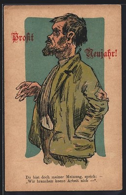 Man Does Not Feel Like Working, Early Print, New Year Card, Postcard 