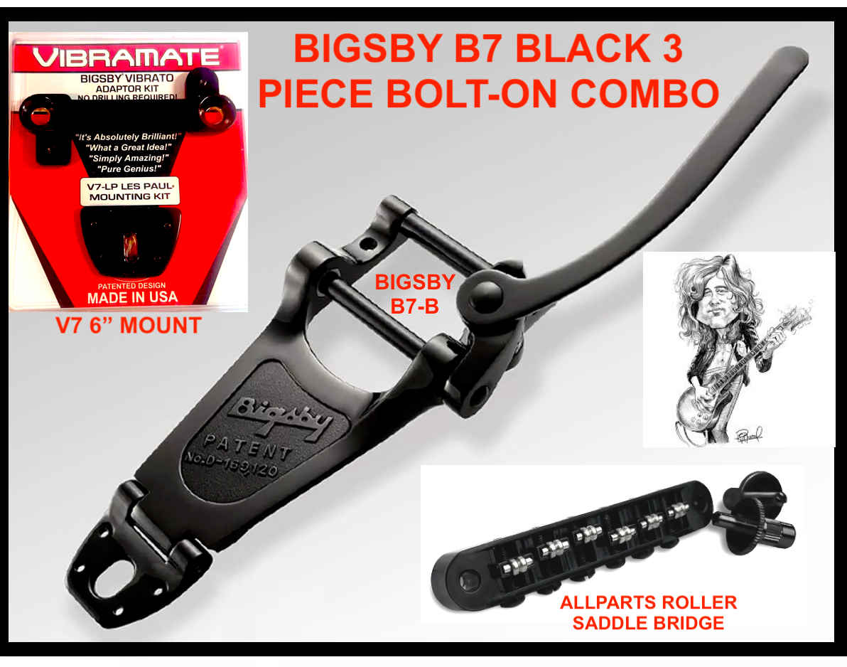 NEW IN BLACK Bigsby B7, Vibramate V7 & Roller Saddle Bridge 4