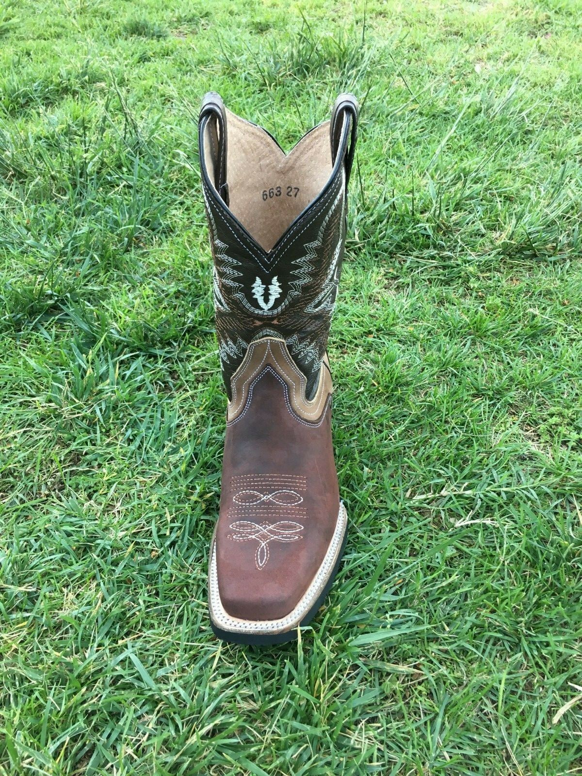 Men Western Cowboy Boots Genuine Cowhide Leather Square Toe Rodeo Bota