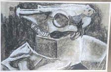 FRAMED ORIGINAL ART-BLACK & WHITE MODERN STILL LIFE DRAWING-16.5