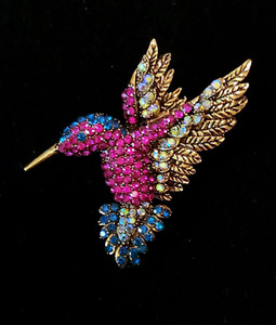 BRILLIANT PURPLE & BLUE AB RHINESTONE HUMMINGBIRD PENDANT BROOCH PIN 2" x 1.8"