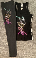 Victoria's Secret Pink Bling Ombre Rainbow Logo Tank Top  Leggings Set M L NIP