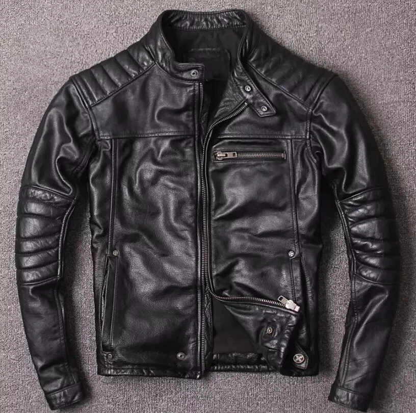 Cafe Racer Men’s Leather Jacket Motorcycle Biker Black Genuine Sheep Leather