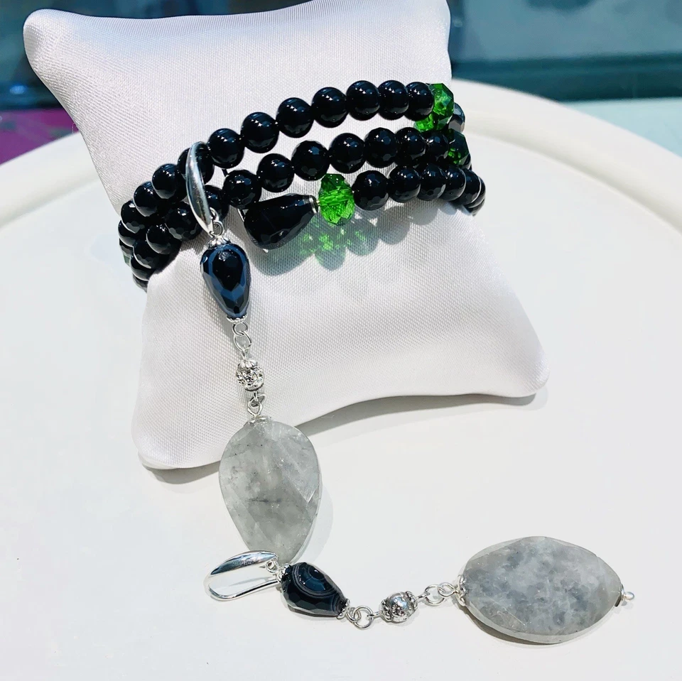 Orecchini quarzo grigio gocce onice pietra lavica argento sterling  - Immagine 4 di 4