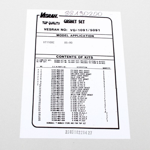 Juego completo de juntas de motor para Honda VT 1100 C Shadow (SC23) 88-89, 94 - Imagen 2 de 3