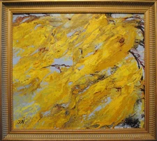 Mimosa.Original framed oil over acrylic pouring on canvas 16"x18"  painting