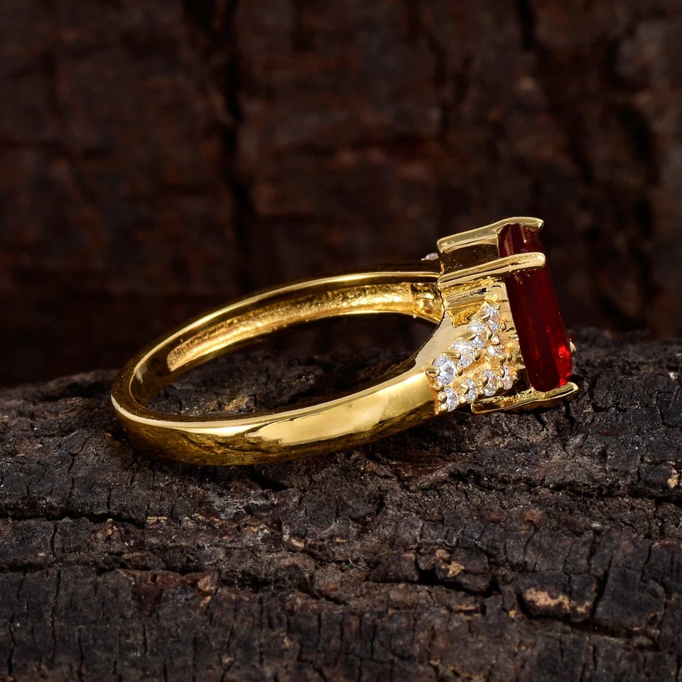 Emerald Cut Mexican Fire Opal Ring in 14K Yellow Gold Plated Sterling Silver - Image 2 of 4