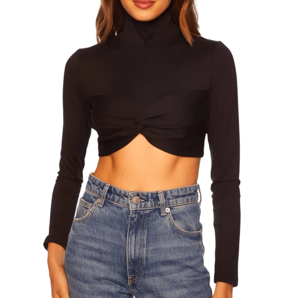 NEW Susana Monaco Twist Mock Neck Crop Top in Black Large UK