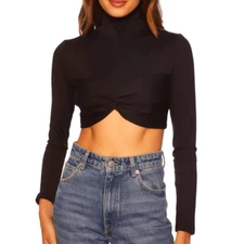 NEW Susana Monaco Twist Mock Neck Crop Top in Black Large