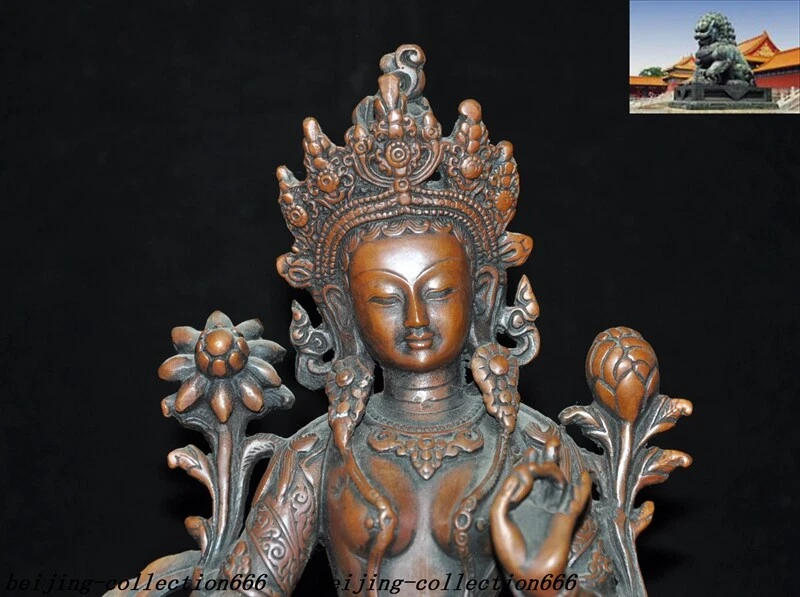9" Antiguo Budismo Tibetano Bronce Verde Tara Kwan-Yin Guanyin Diosa Buda Estatua Foto 2 de 4