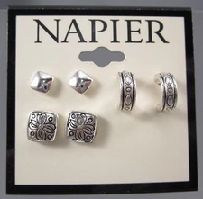 New NAPIER Silver Tone 3 Pairs Dainty Half Hoop Stud Post Pierced Earrings 54B