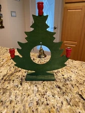 Vintage MCM Sweden Wood Christmas Tree Candle Holder with Red Candle Cups & Bell