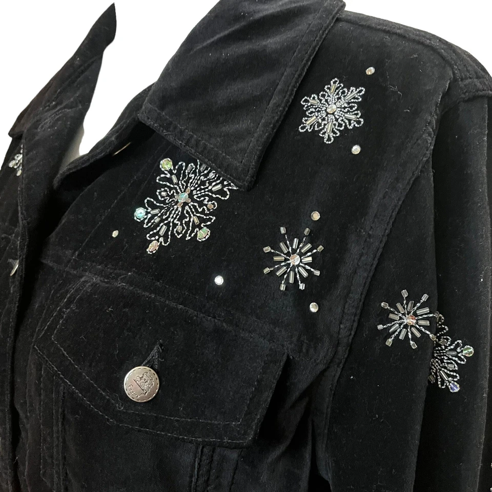 Quacker Factory Velvet Snowman Jacket Size Small Black Capture the Magic Holiday - Image 4 of 4