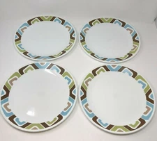 Corelle Livingware Squared Set of 4 Dinner Plates White with Brown Green Blue