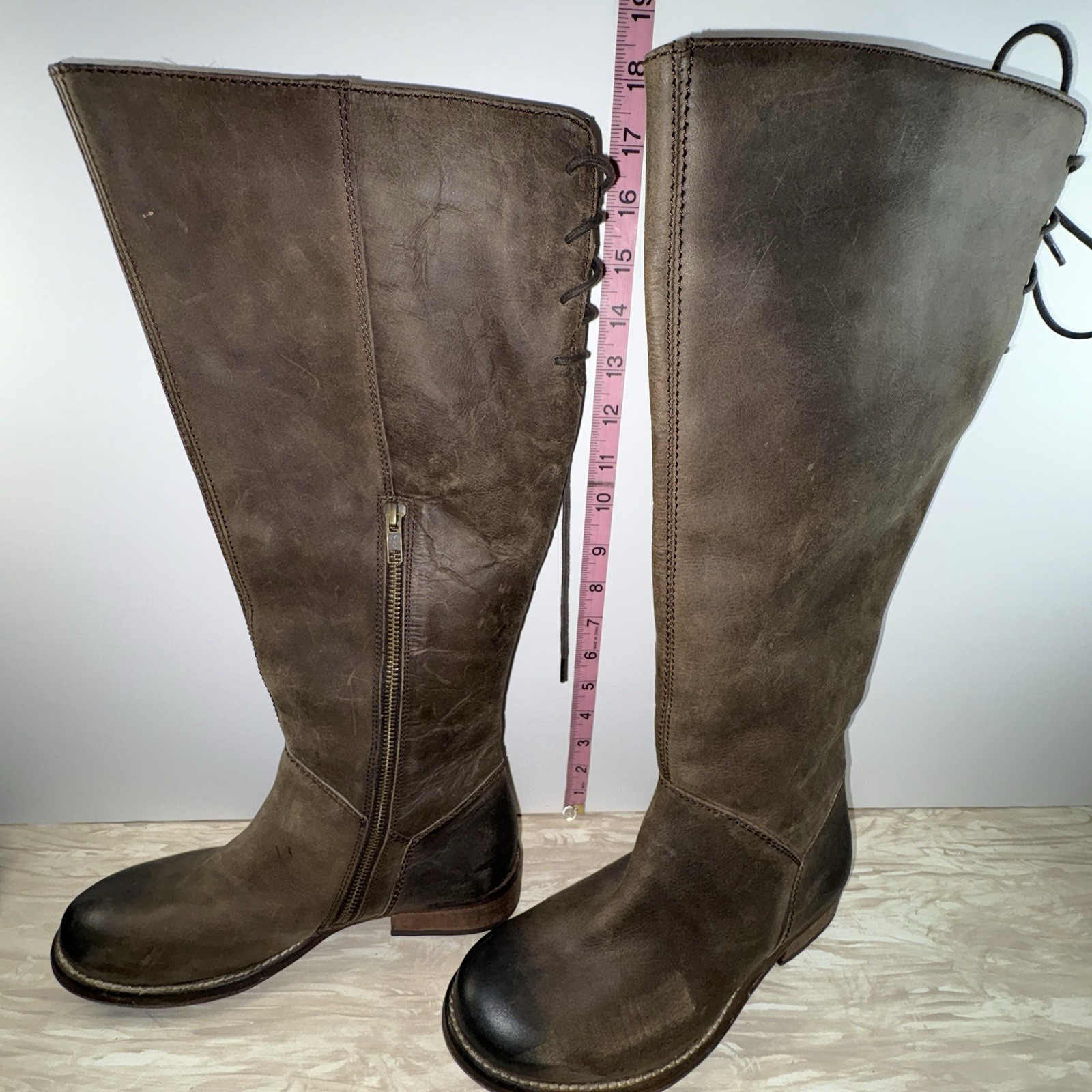 Diba True Brown Leather Tall Riding Boots Women’s 8.5 Lace Up Back Zip Western